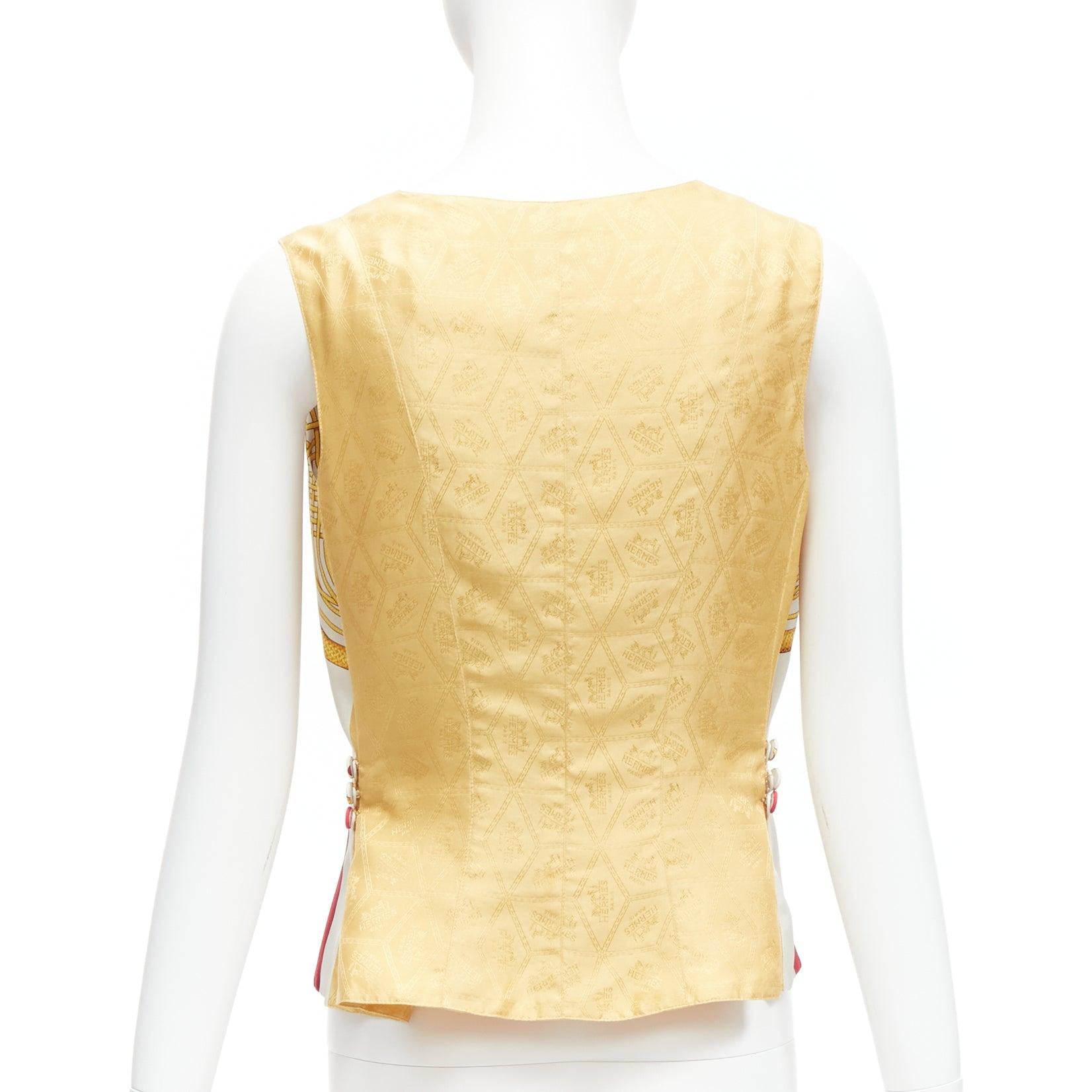 Women's HERMES Vintage Hussar Tromp Loeil print gold silk buttons waistcoat vest FR40 L For Sale