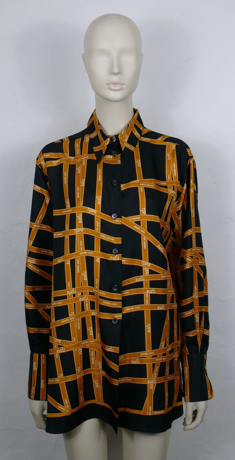 HERMES Vintage Iconic Bolduc Print Silk Shirt Blouse For Sale at