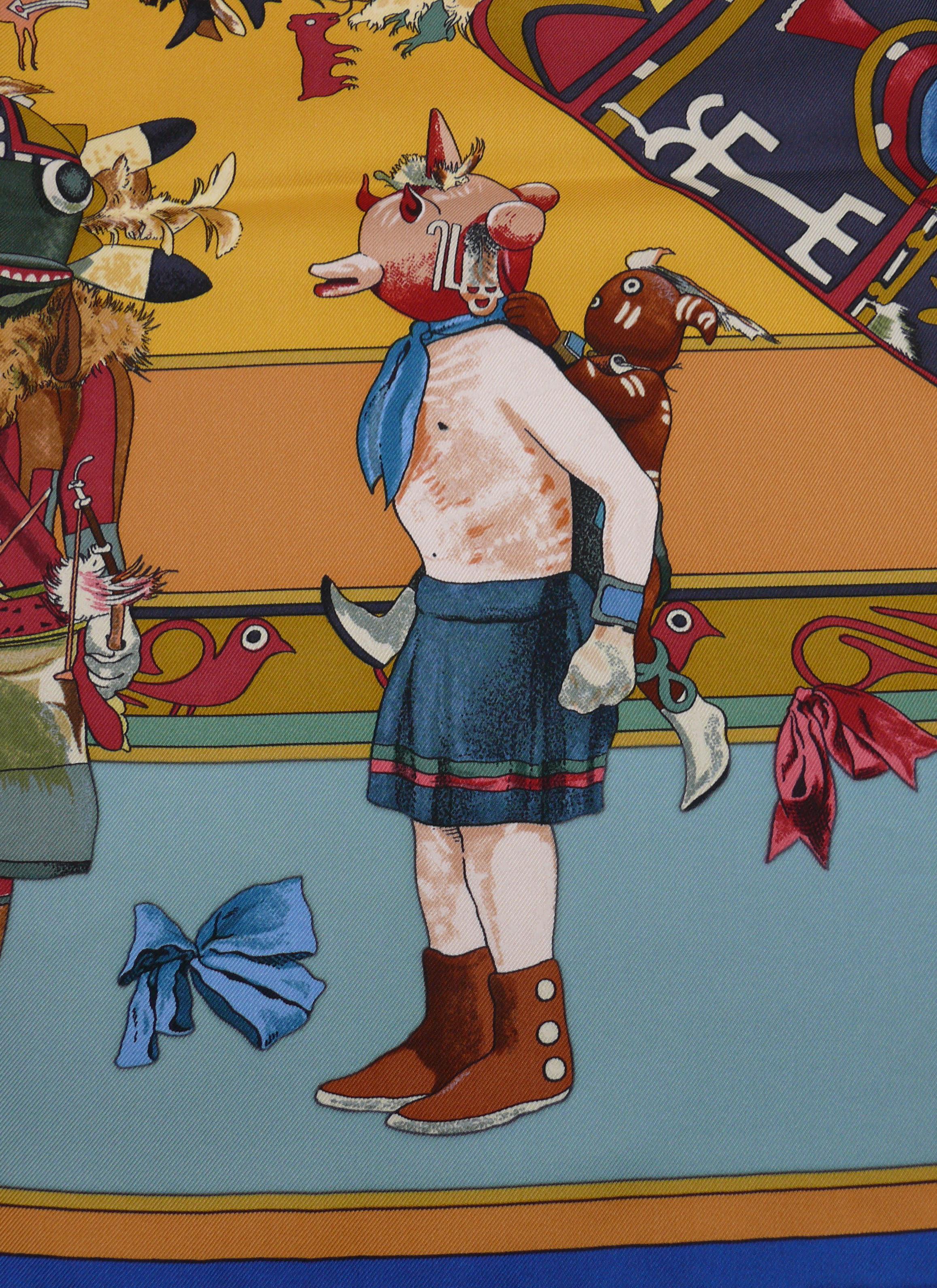Gray Hermes Vintage Iconic Silk Carre Scarf Kachinas by Kermit Oliver