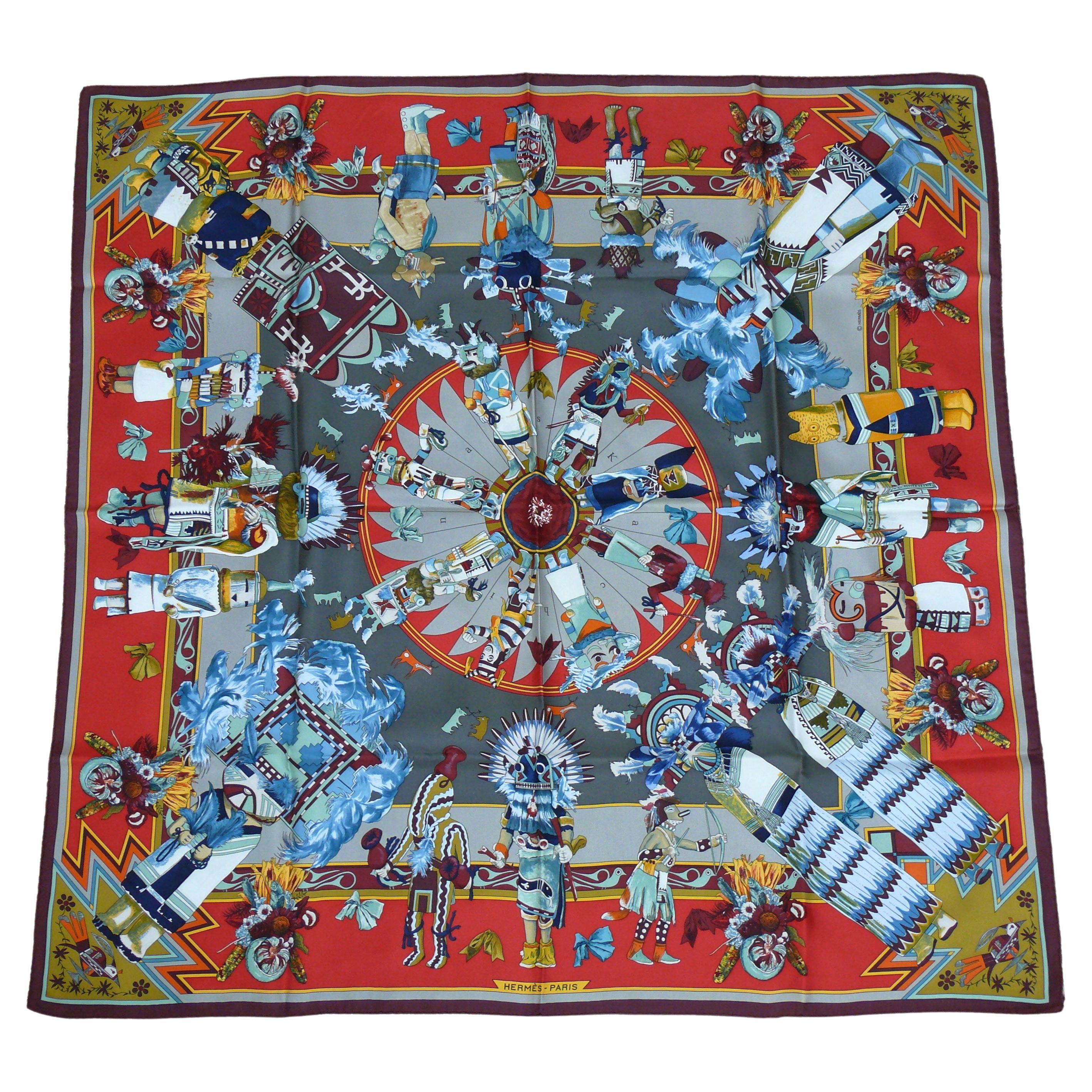 Hermes Vintage Iconic Silk Carre Scarf Kachinas by Kermit Oliver For Sale