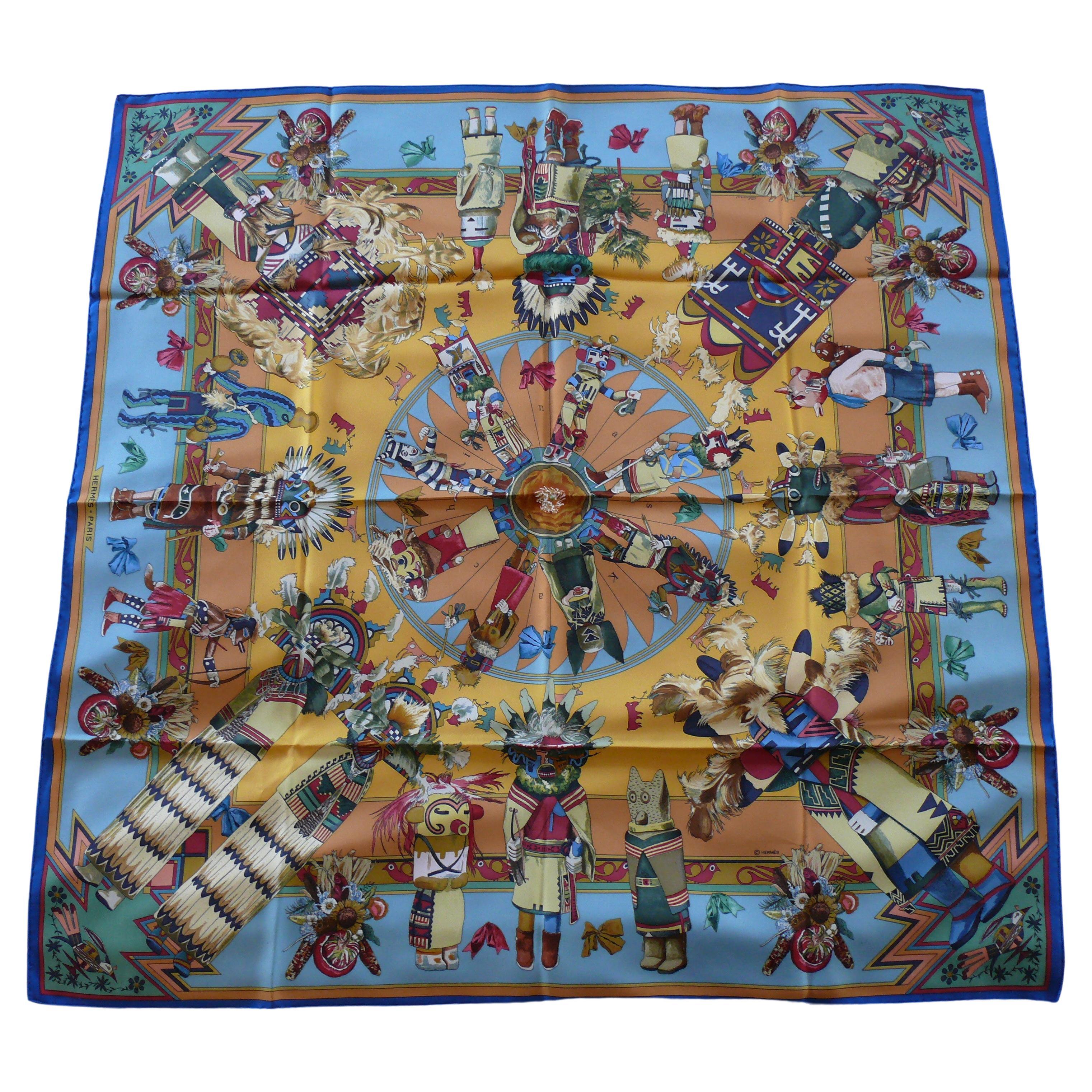 Hermes Vintage Iconic Silk Carre Scarf Kachinas by Kermit Oliver For Sale