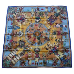 Hermes Used Iconic Silk Carre Scarf Kachinas by Kermit Oliver