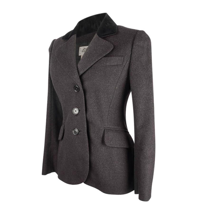 Guaranteed authentic Hermes 3 button single breast vintage rich charcoal gray jacket with beautiful shaping.  
Black velvet collar.
2 flap pockets and 1 breast pocket.
Rear has a unique vent with single working button and keyhole.
Beautifully shaped