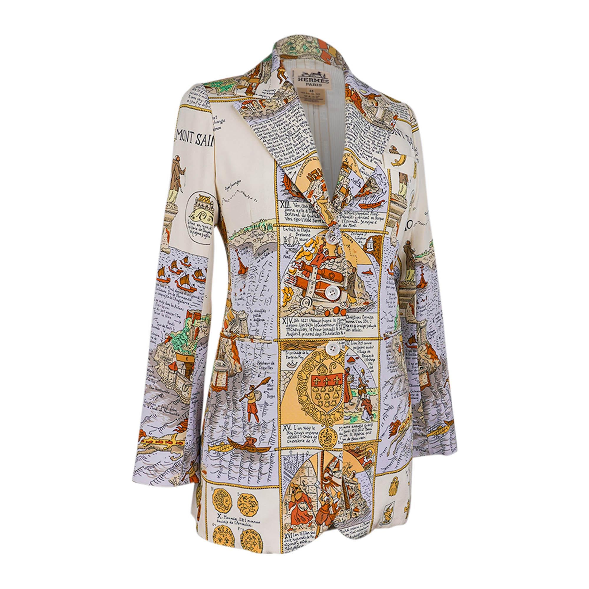Mightychic offers a rare vintage Hermes rare silk jacket featuring the coveted Mont Saint Michel print.
First released in 1947 this has become one of the most iconic and rare prints from the Maison to be found on the market.
Single breast jacket