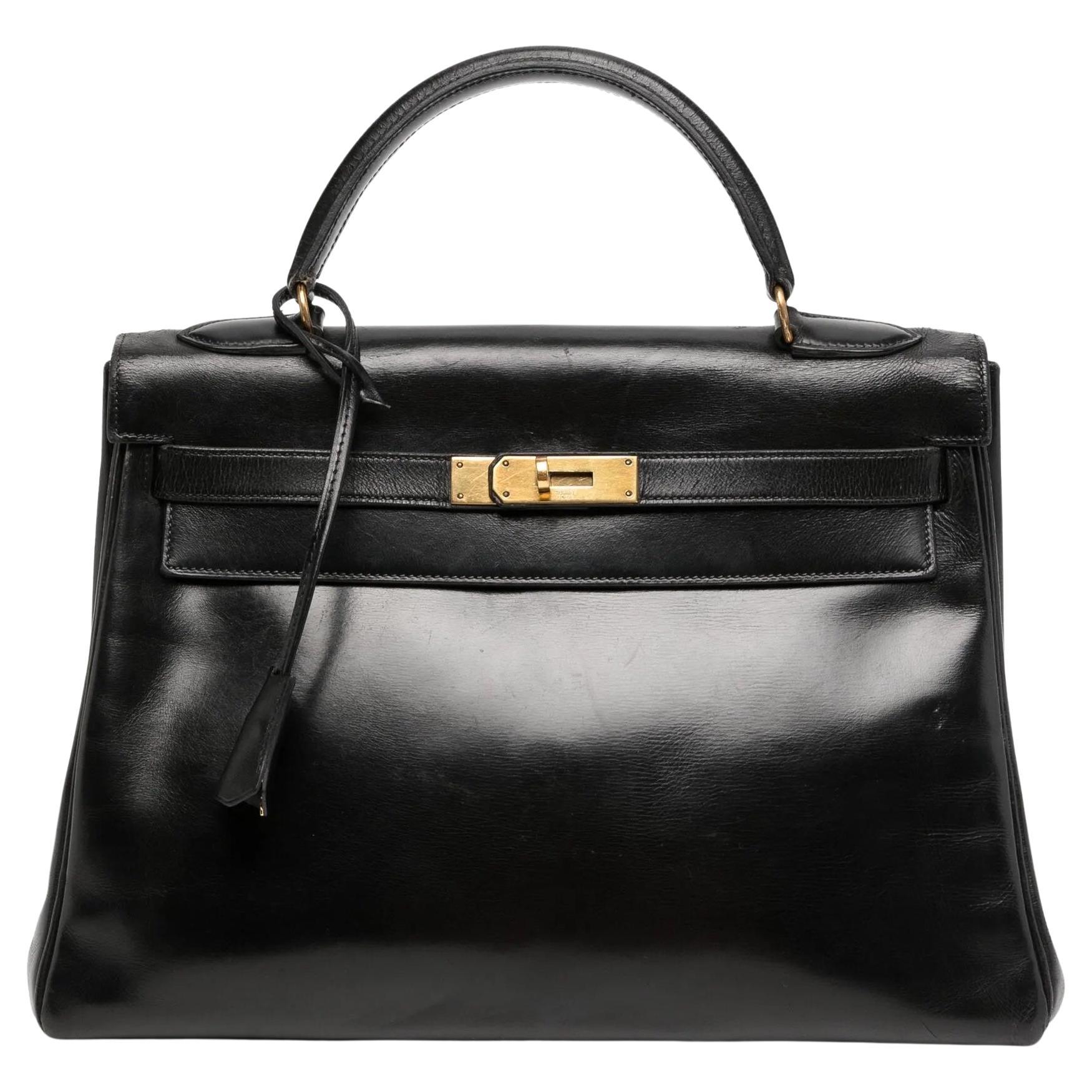 Hermès Vintage Kelly 28 Sellier Black Box GHW For Sale