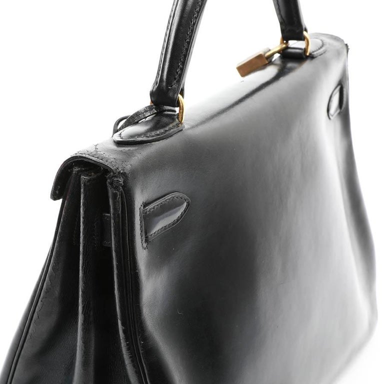 HERMES Vintage Kelly 32 Bag in Black Box Leather For Sale at 1stDibs
