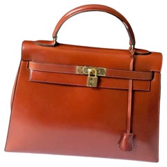 HERMÈS Vintage Kelly 32 Box Calf Sellier Leather Gold Hardware Cognac Iconic Bag