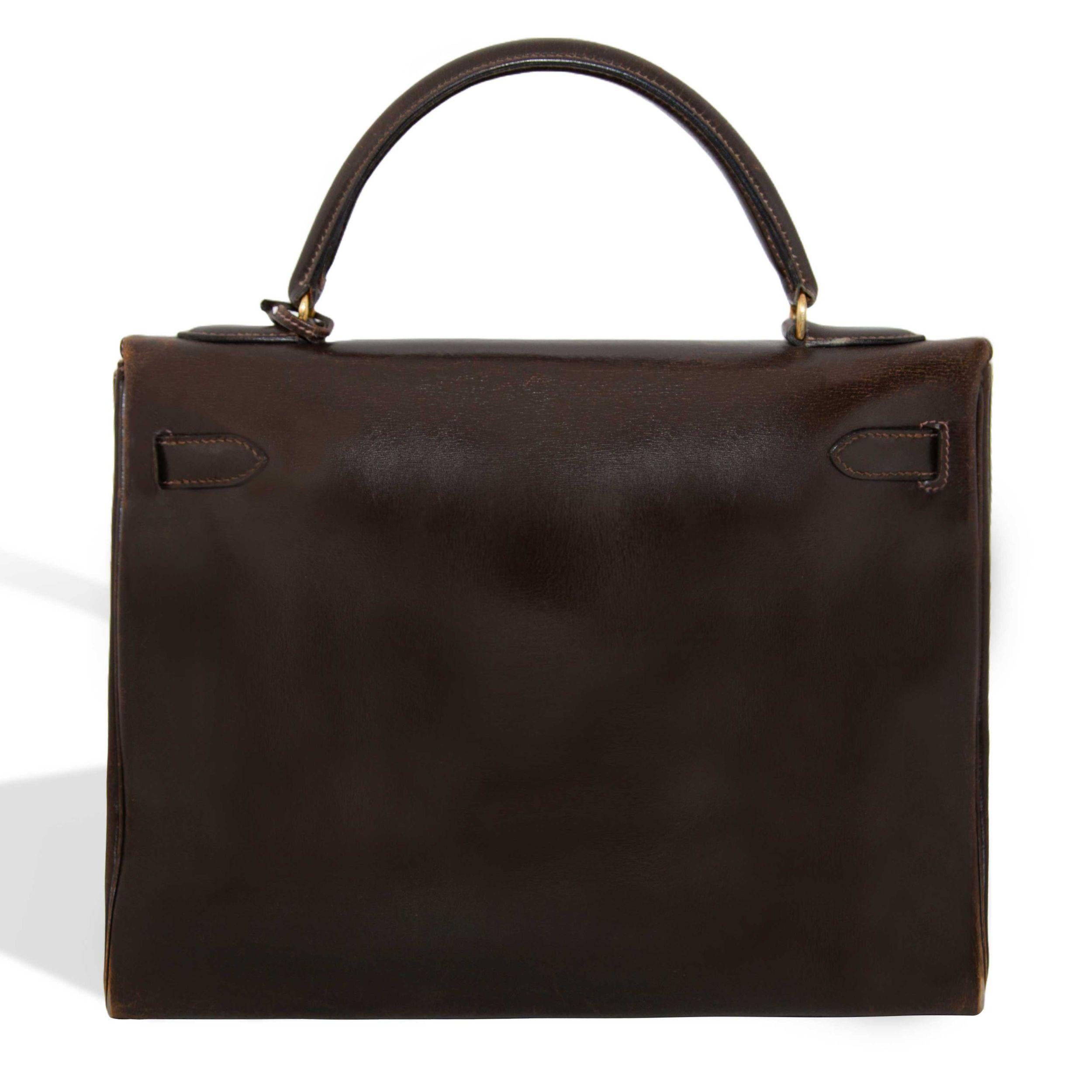 Black Hermès Vintage Kelly 32 Retourne Brown Box GHW