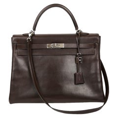 HERMES Vintage Kelly 35 Brown Box Leather Bag