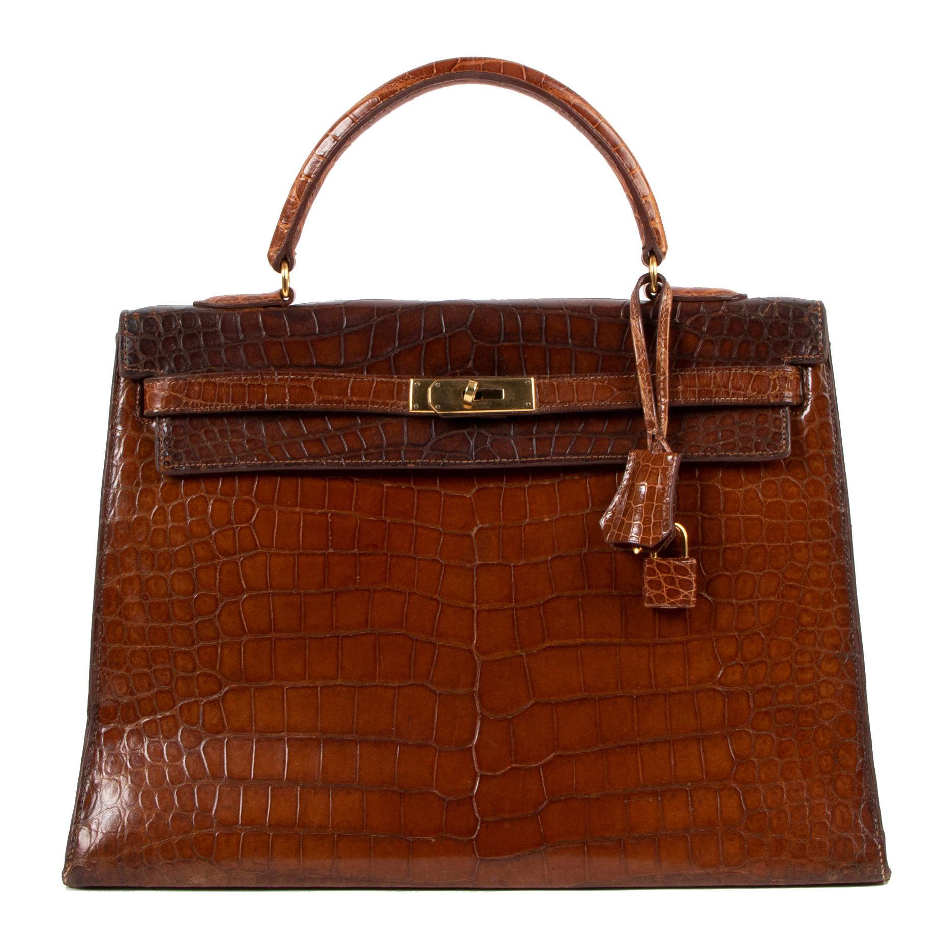 Brown Hermès Vintage Kelly 35 Porosus Crocodile Miel GHW For Sale