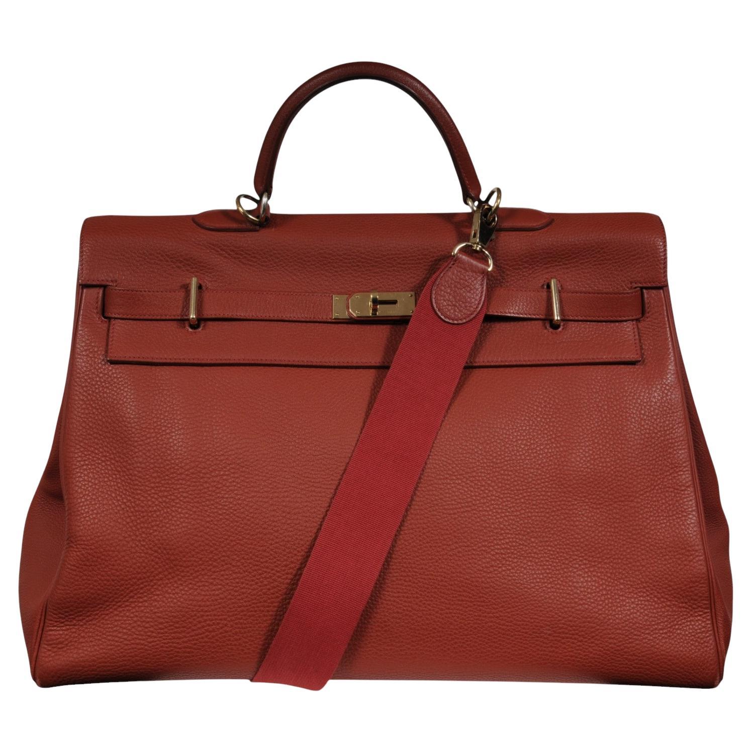 Hermes Vintage Kelly 50 Red Bordeaux Gold Hardware Travel Carry On Duffle Bag