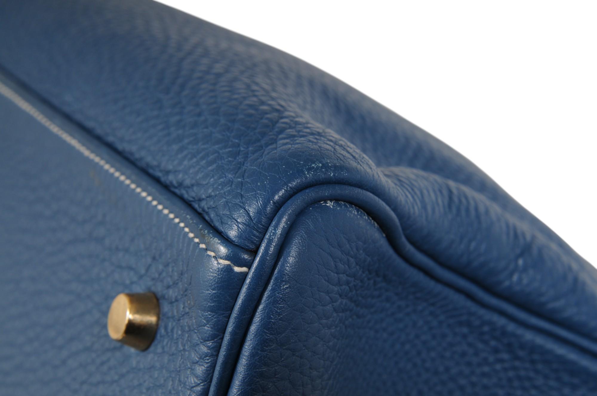 Hermes Vintage Kelly 50 Taurillon Clemence Blue Gold Hardware Travel Duffle Bag 6