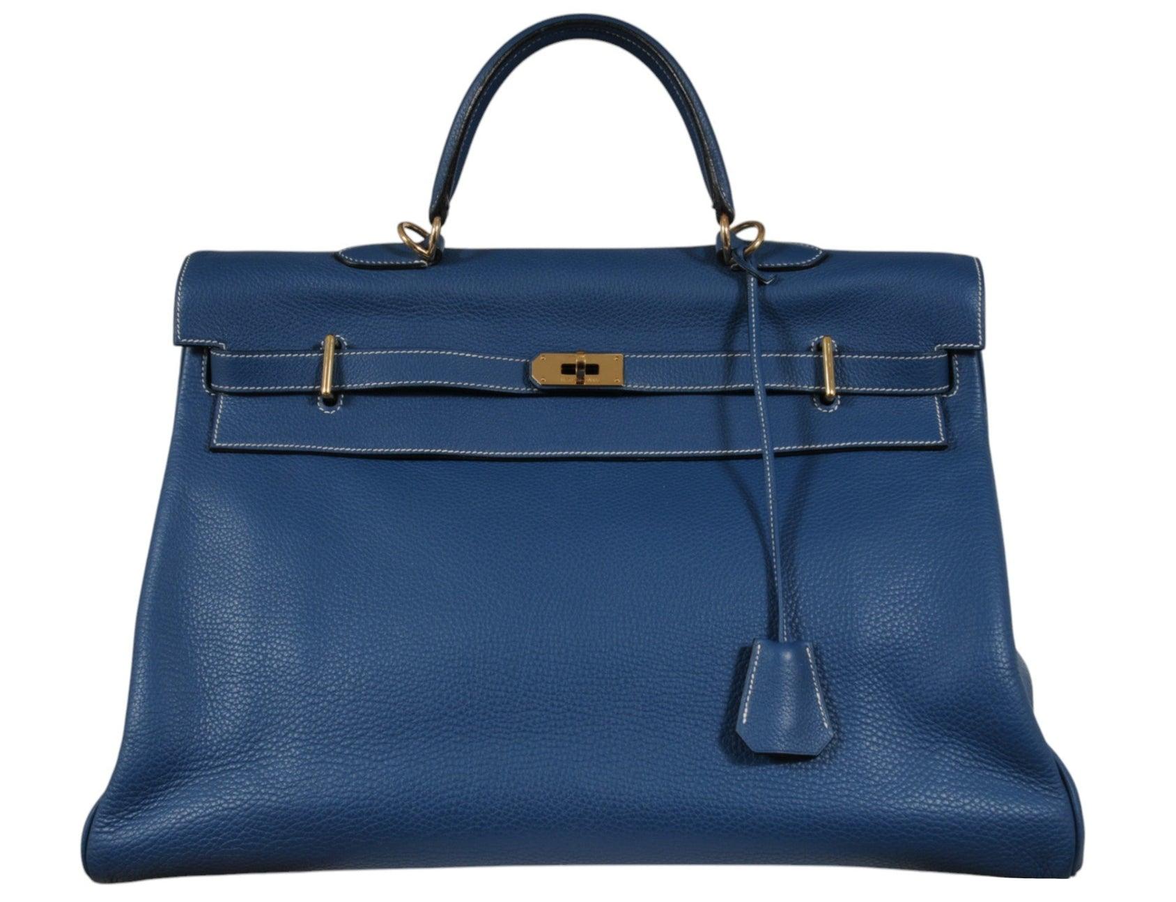 Hermes Vintage Kelly 50 Taurillon Clemence Blue Gold Hardware Travel Duffle Bag 8