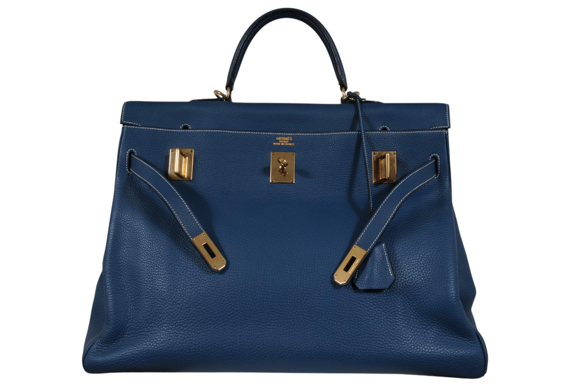 Hermes Vintage Kelly 50 Taurillon Clemence Blue Gold Hardware Travel Duffle Bag 11