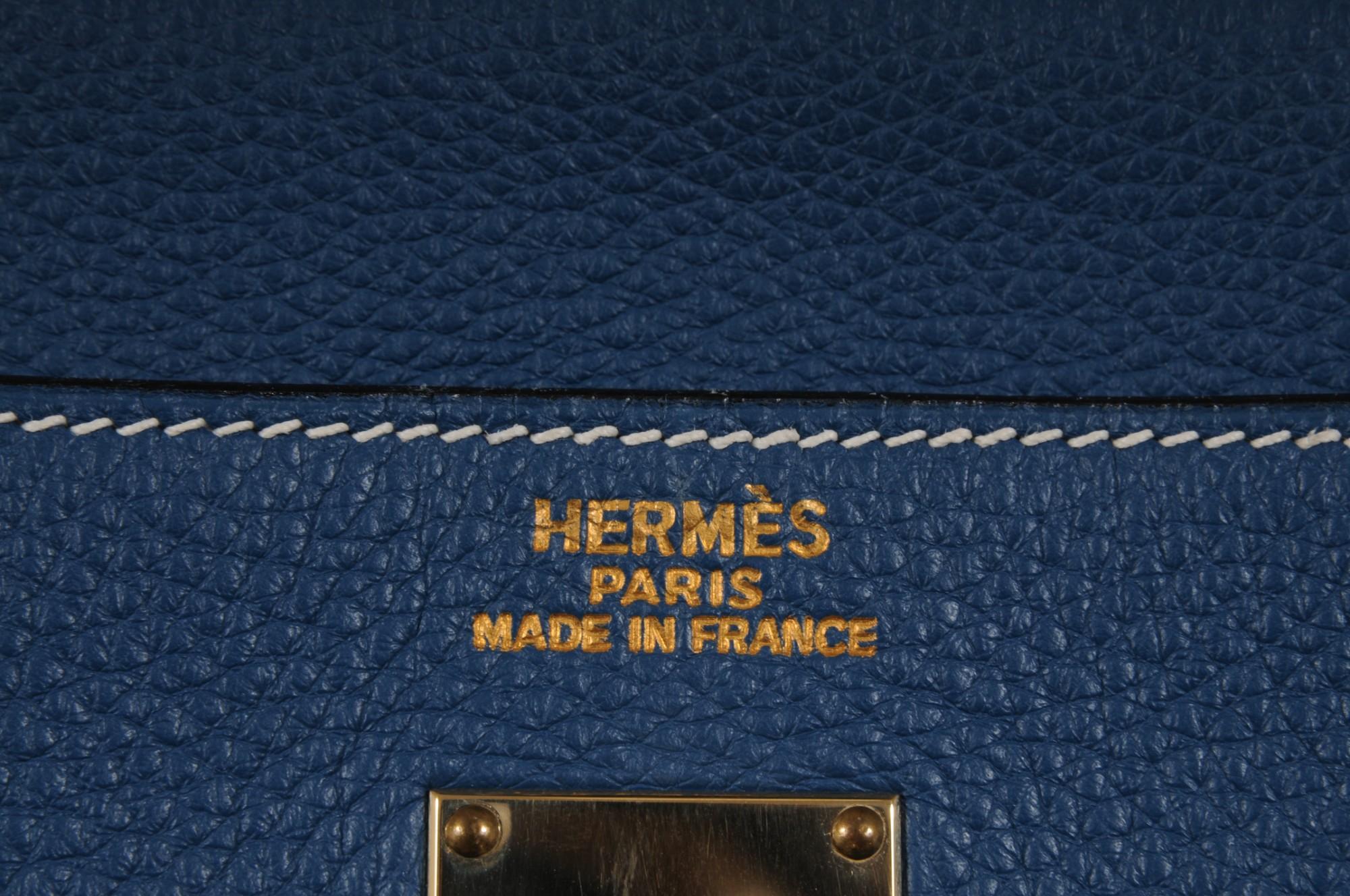 Hermes Vintage Kelly 50 Taurillon Clemence Blue Gold Hardware Travel Duffle Bag 12