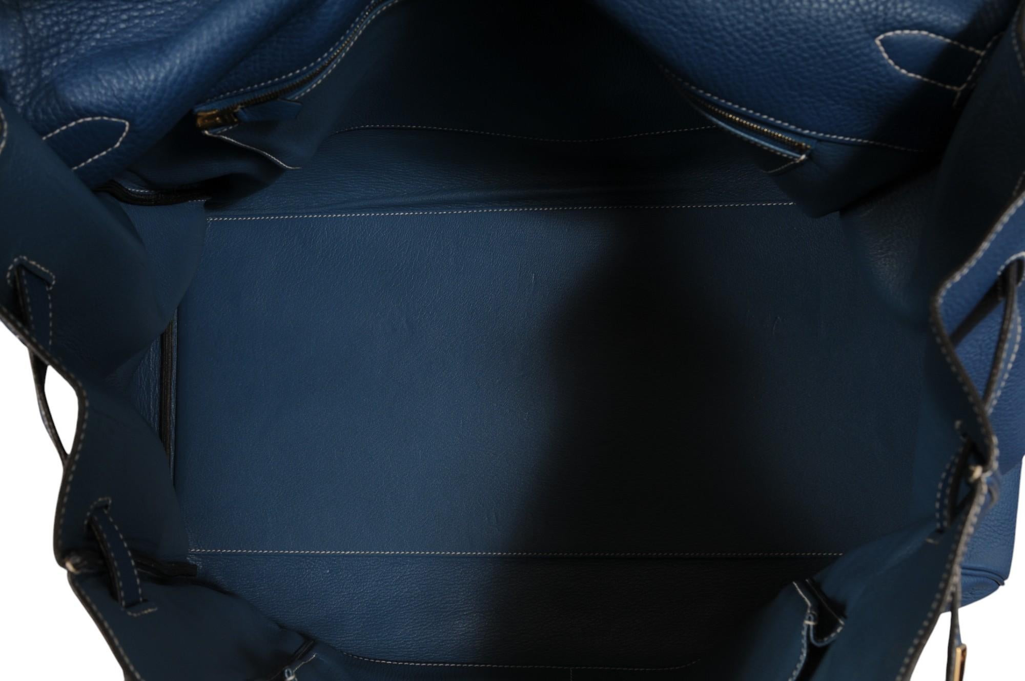 Hermes Vintage Kelly 50 Taurillon Clemence Blue Gold Hardware Travel Duffle Bag 13