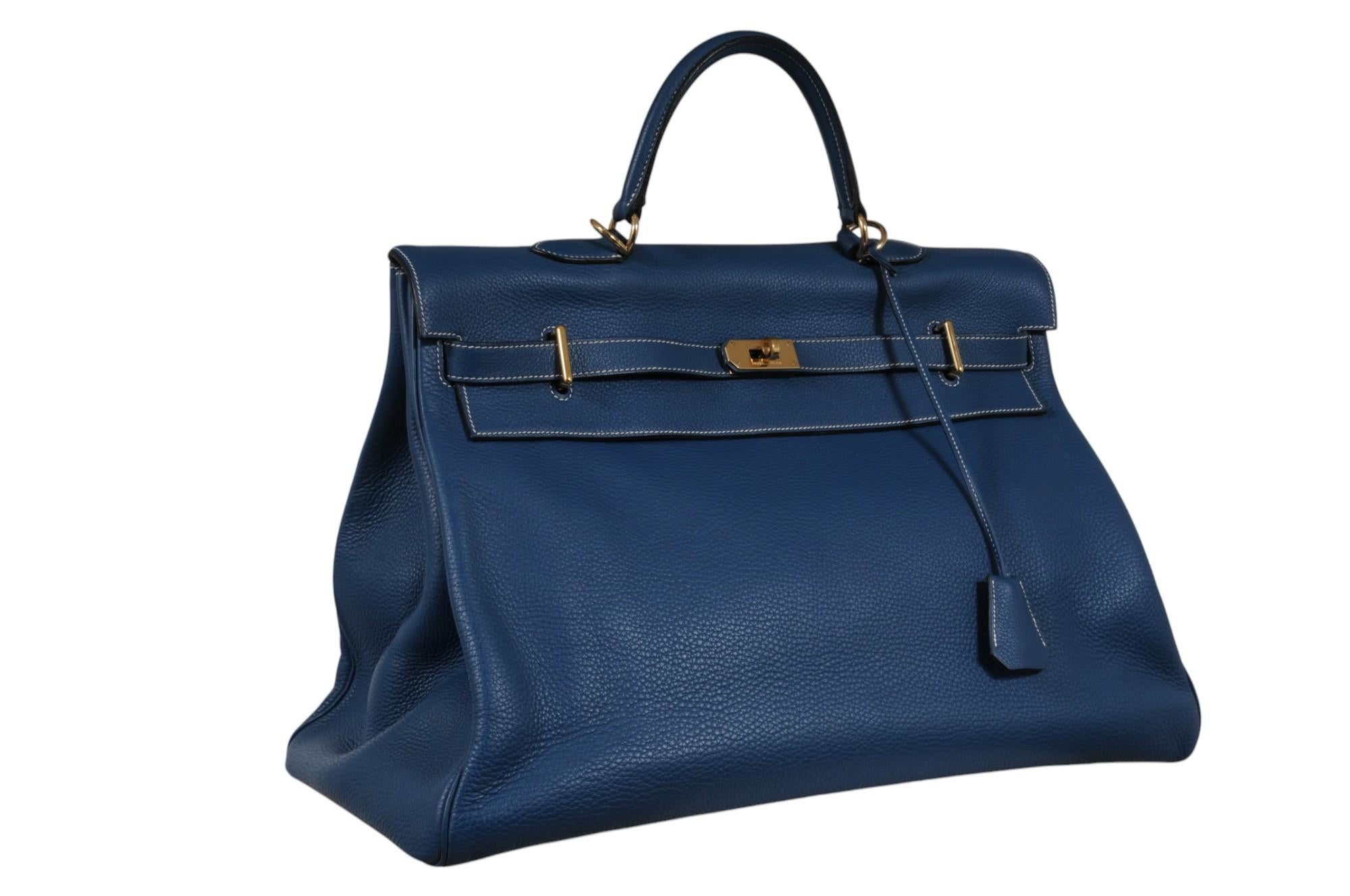 Hermes Vintage Kelly 50 Taurillon Clemence Blue Gold Hardware Travel Duffle Bag In Good Condition In North Miami, FL
