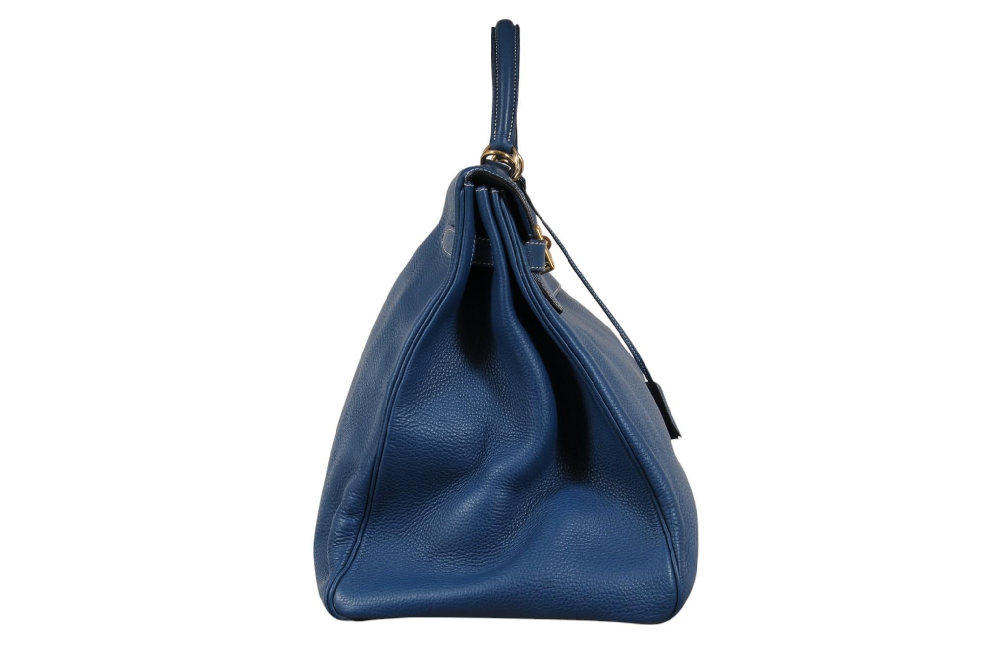 Women's or Men's Hermes Vintage Kelly 50 Taurillon Clemence Blue Gold Hardware Travel Duffle Bag