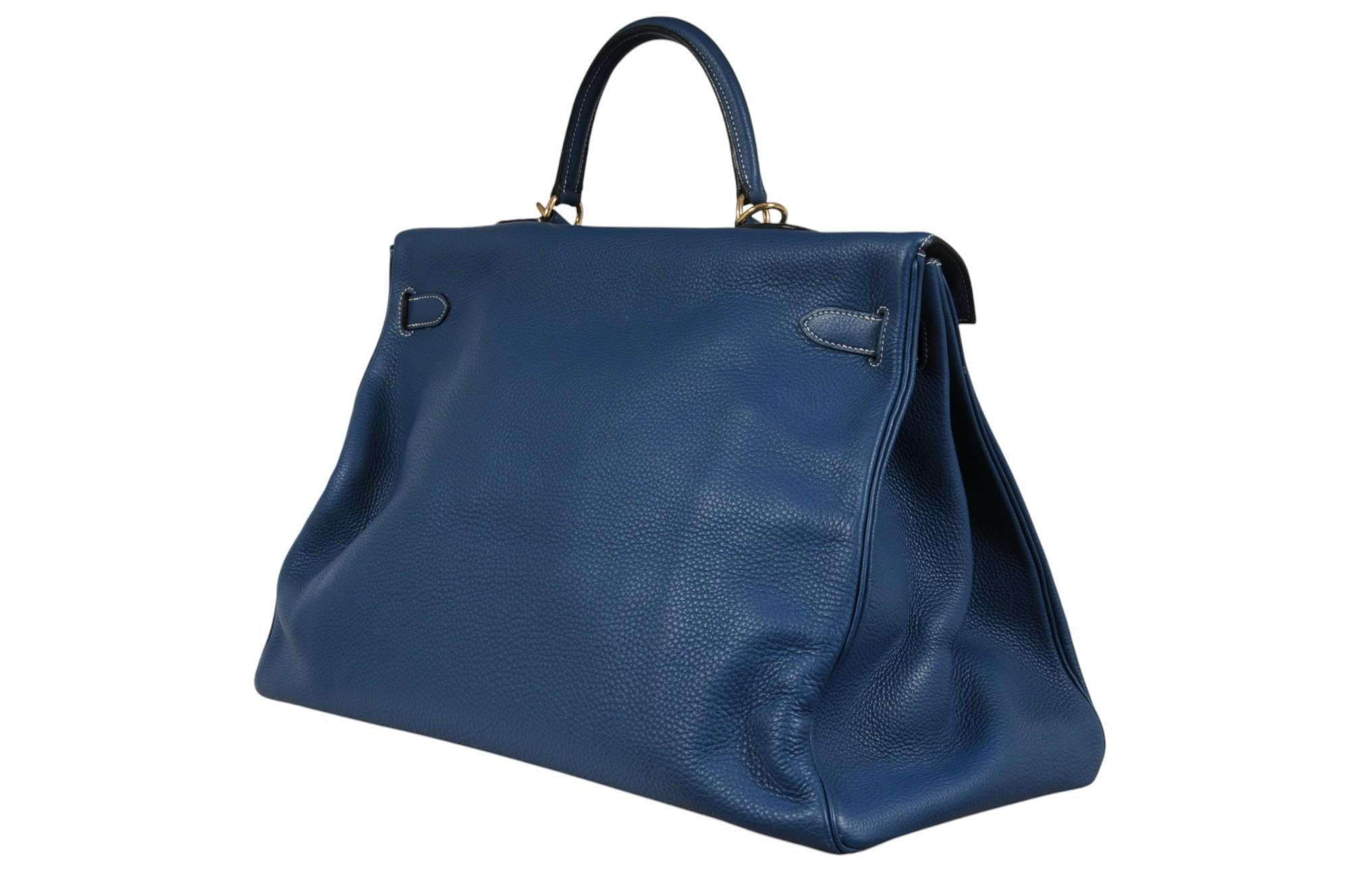 Hermes Vintage Kelly 50 Taurillon Clemence Blue Gold Hardware Travel Duffle Bag 1