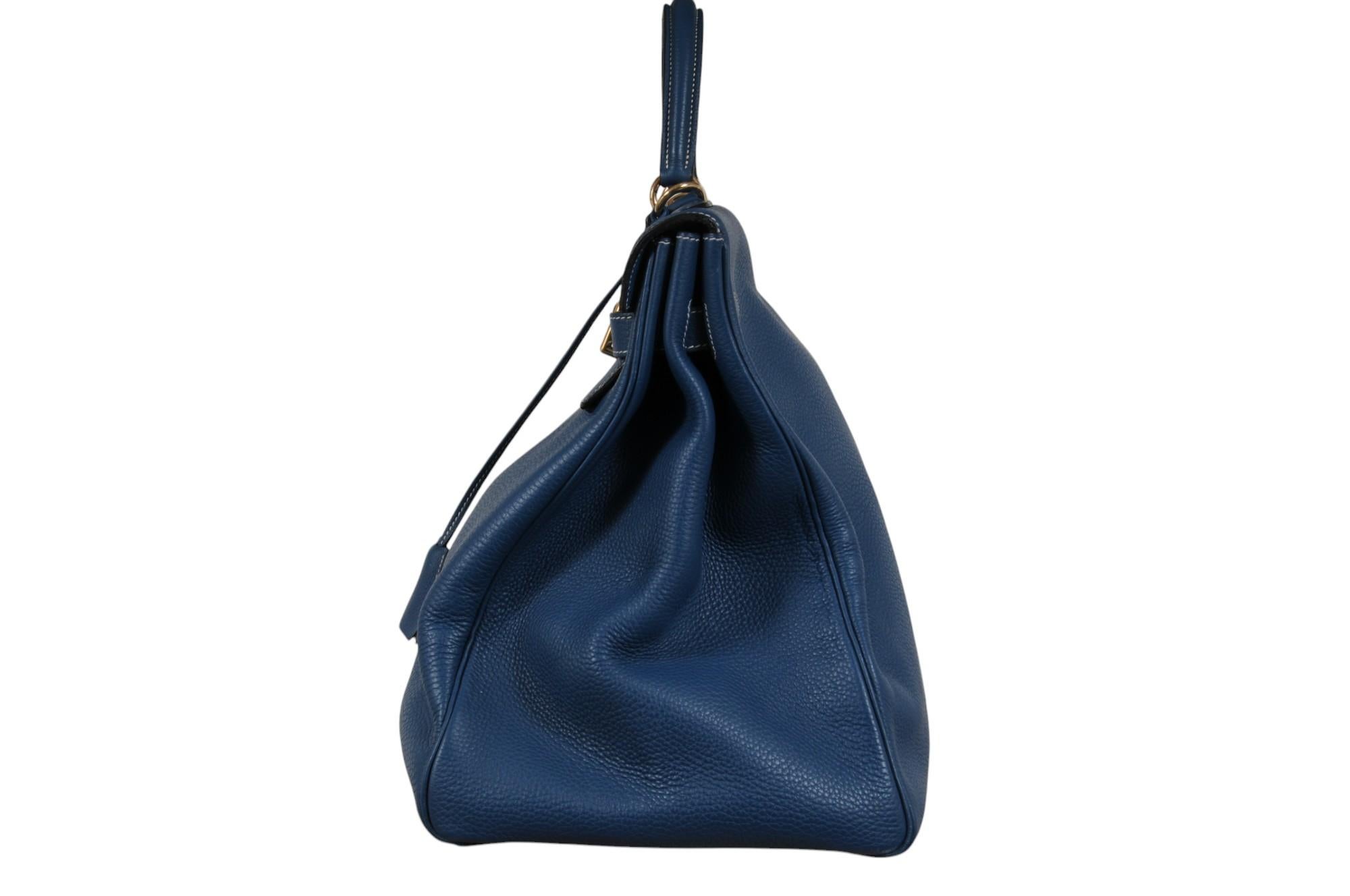 Hermes Vintage Kelly 50 Taurillon Clemence Blue Gold Hardware Travel Duffle Bag 2