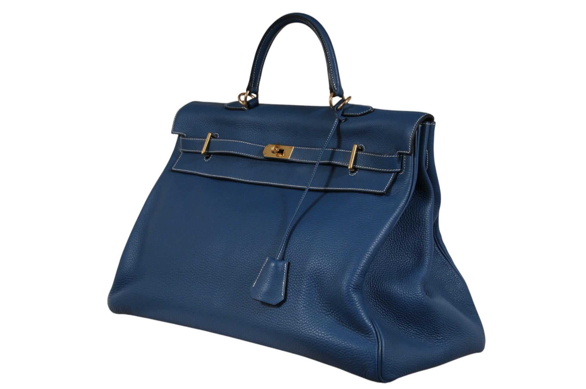 Hermes Vintage Kelly 50 Taurillon Clemence Blue Gold Hardware Travel Duffle Bag 3