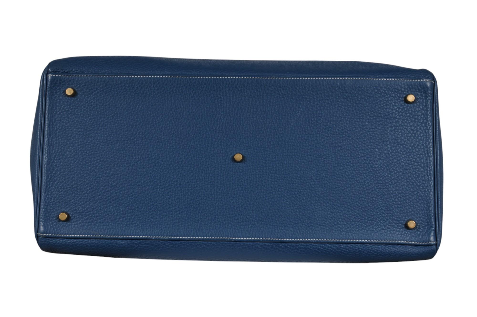 Hermes Vintage Kelly 50 Taurillon Clemence Blue Gold Hardware Travel Duffle Bag 4