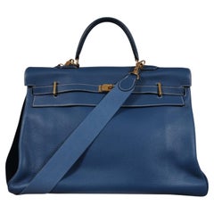 Hermes Vintage Kelly 50 Taurillon Clemence Blau Gold Hardware Travel Duffle Bag