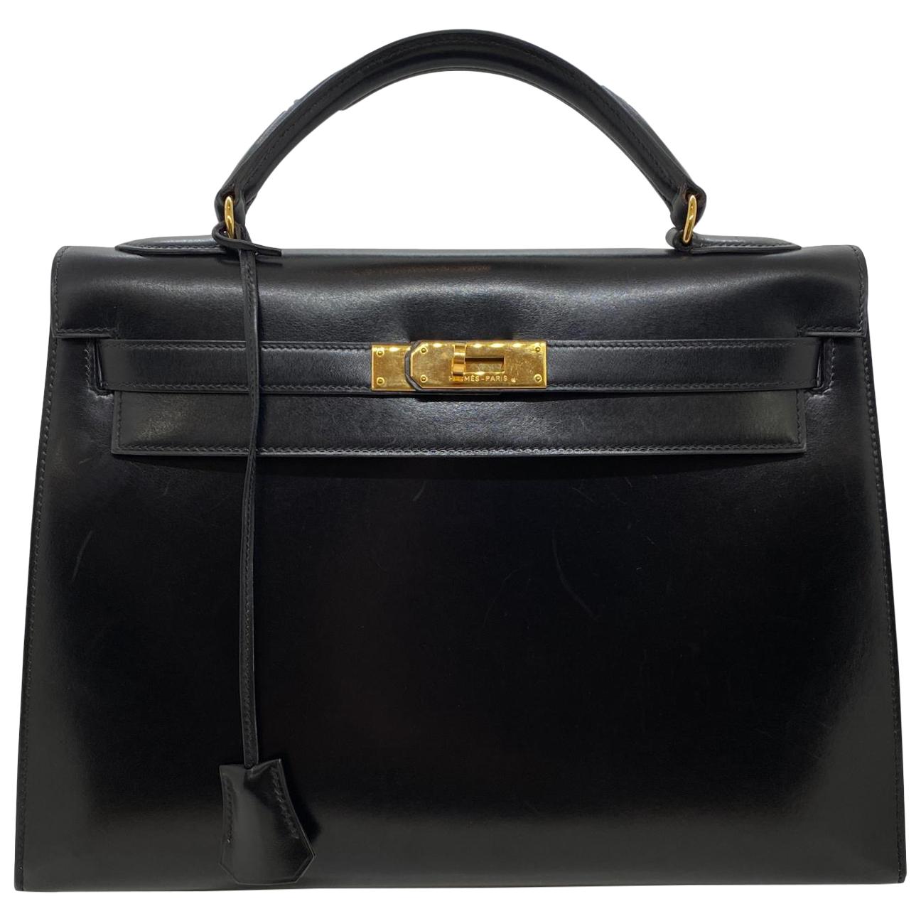 Hermes Vintage Kelly Handbag Noir Black Box Calf with Gold Hardware 32, 1991.