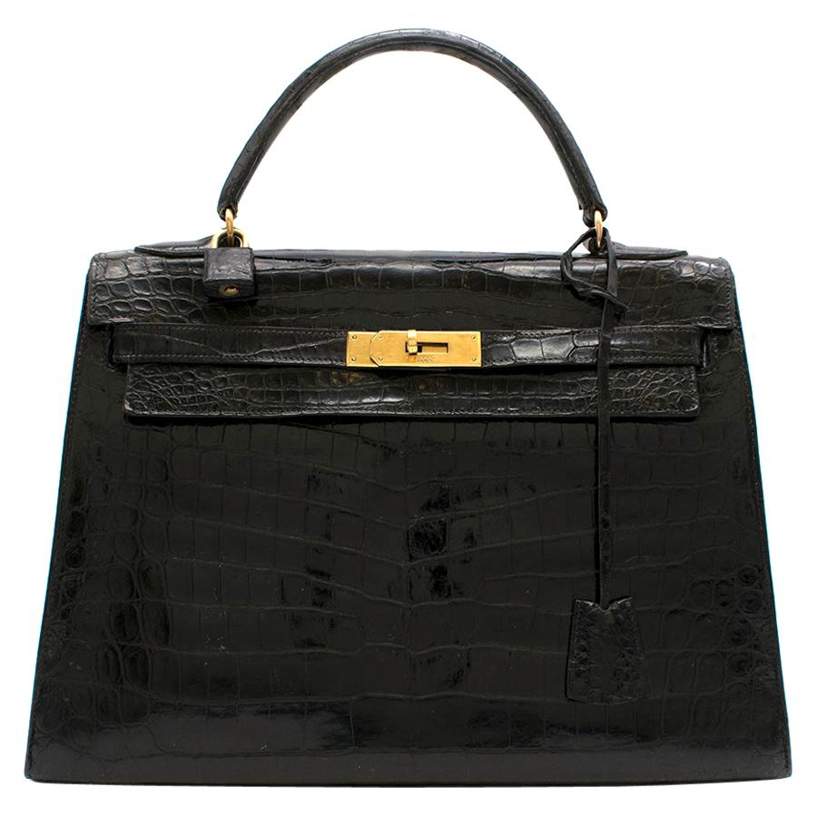 Hermès Vintage Kelly Sellier 32 in Black Niloticus Crocodile GHW