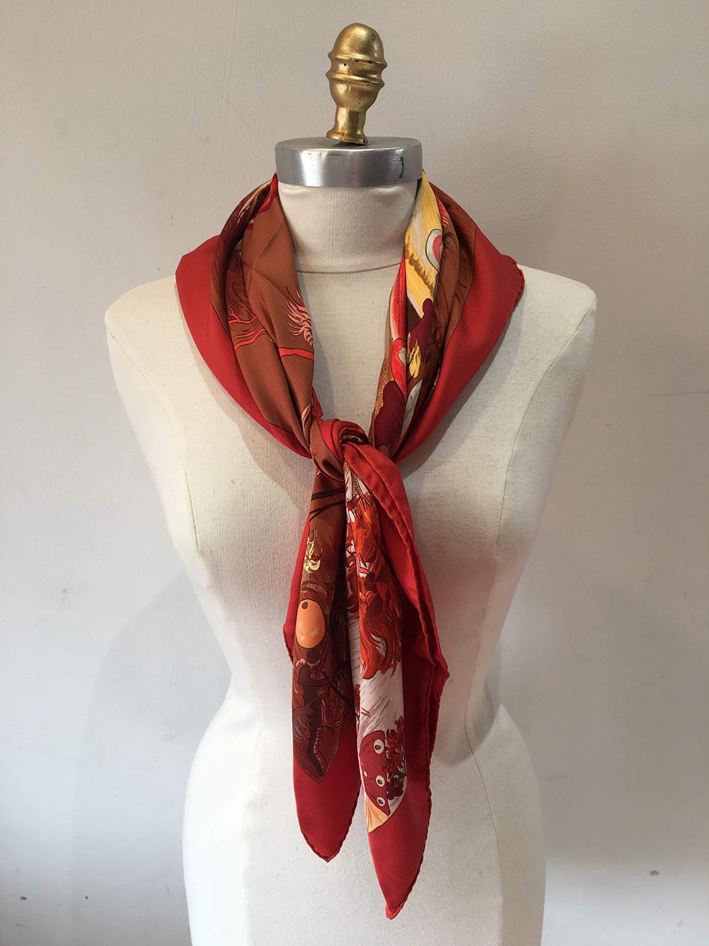 Hermes Vintage Kuggor Tree Silk Scarf in Red In Excellent Condition In Philadelphia, PA