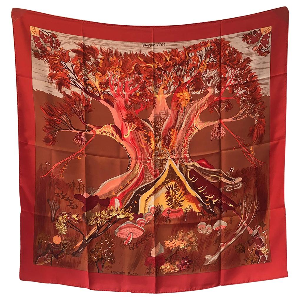 Hermes Vintage Kuggor Tree Silk Scarf in Red