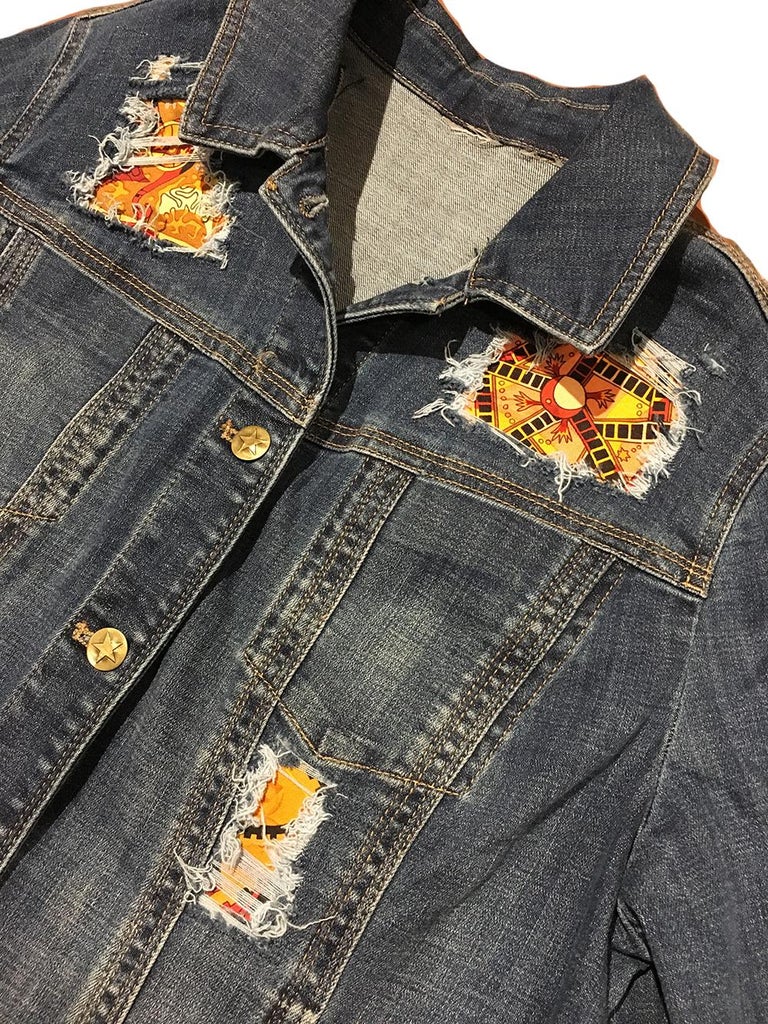 Hermes Vintage La Mecanique des Idees Silk Scarf Distressed Denim Jacket Medium For Sale at