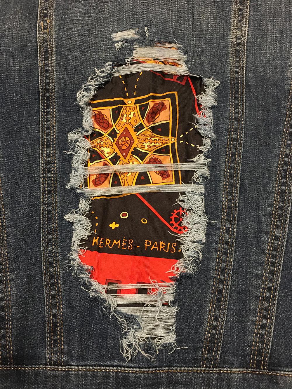 Women's Hermes Vintage La Mecanique des Idees Silk Scarf Distressed Denim Jacket Medium