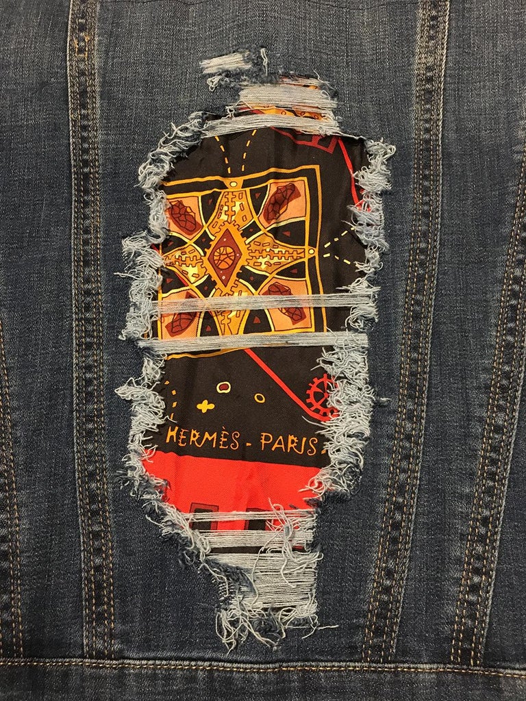 Hermes Vintage La Mecanique des Idees Silk Scarf Distressed Denim Jacket Medium For Sale 3