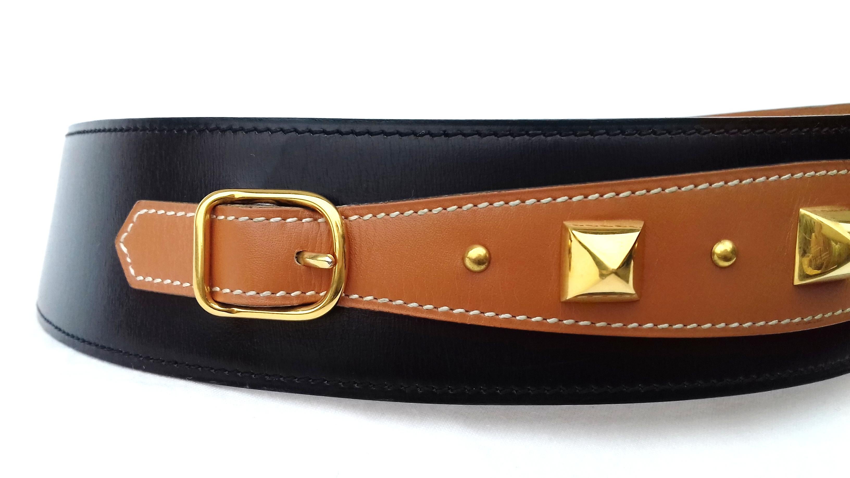 Hermès Vintage Leather Belt Black Medor Removable Ornament Ghw S.75 10