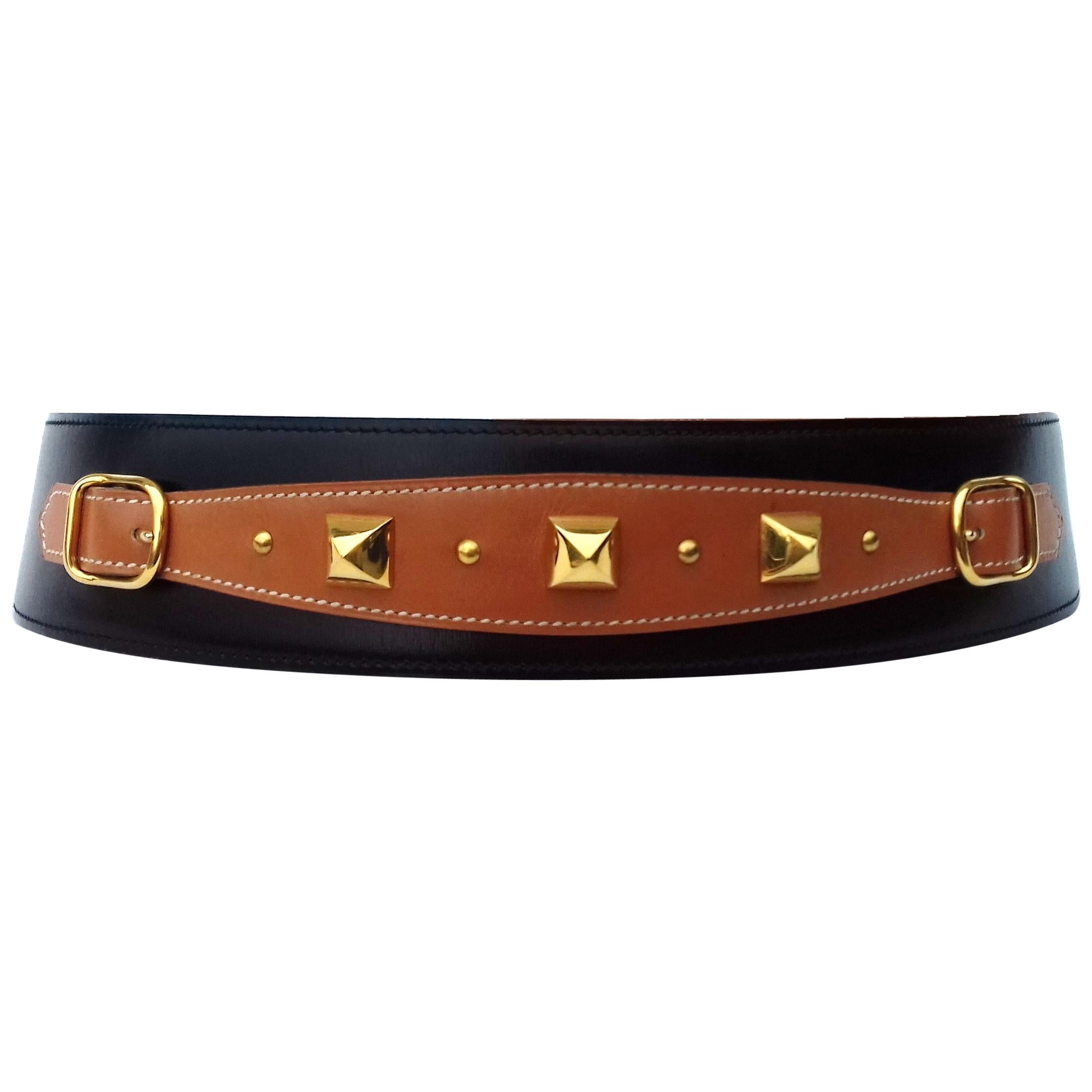 Hermès Vintage Leather Belt Black Medor Removable Ornament Ghw S.75
