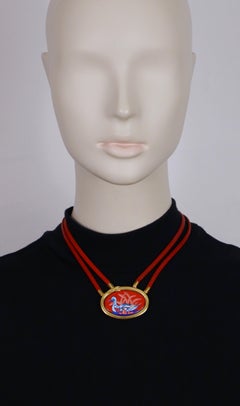 HERMES Vintage Leather & Enamel Medallion Collar Necklace