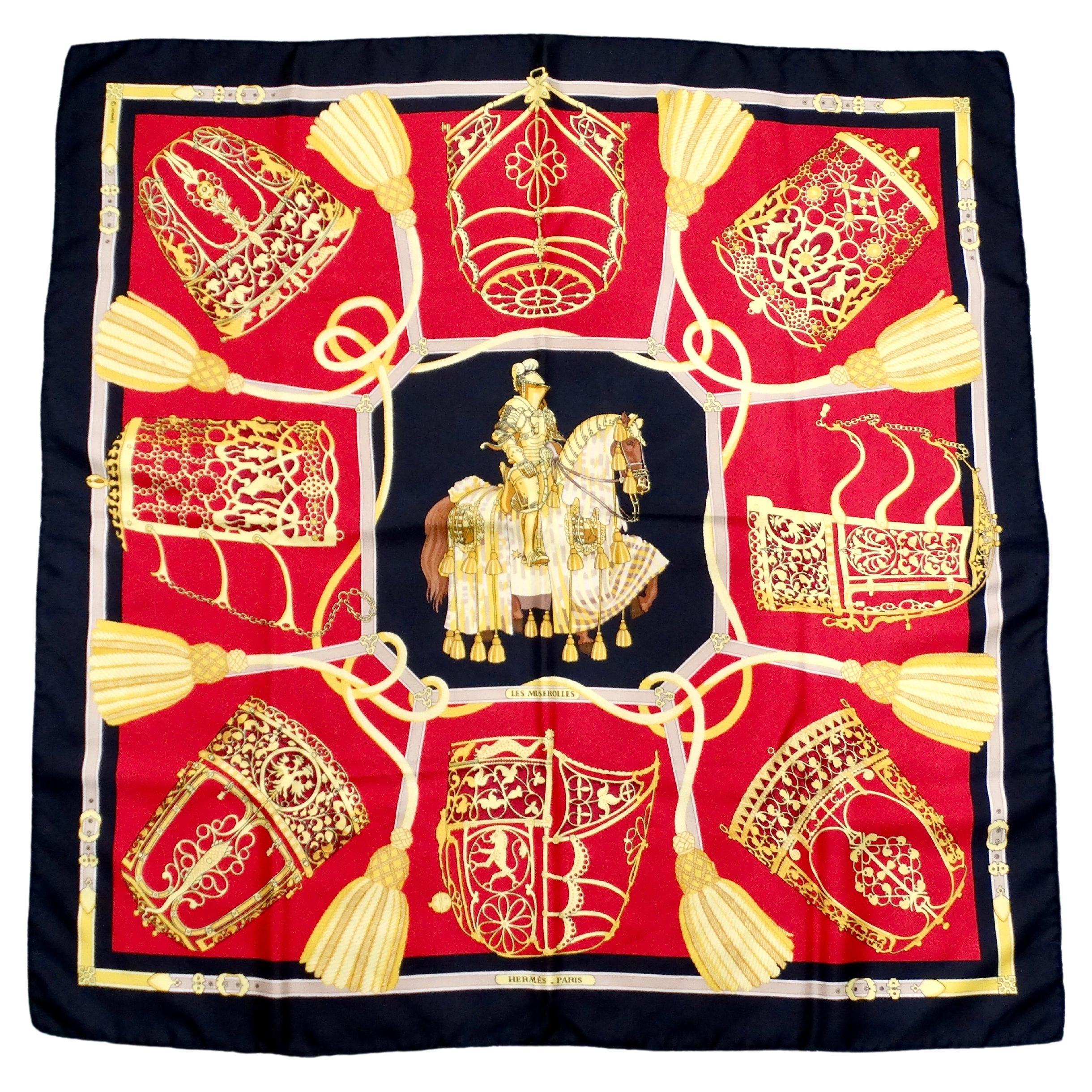 Hermes Vintage "Les Muserolles" 90 cm Red Knight Print Silk Scarf For Sale
