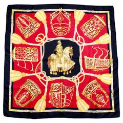 Hermes Vintage "Les Muserolles" 90 cm Red Knight Print Silk Scarf