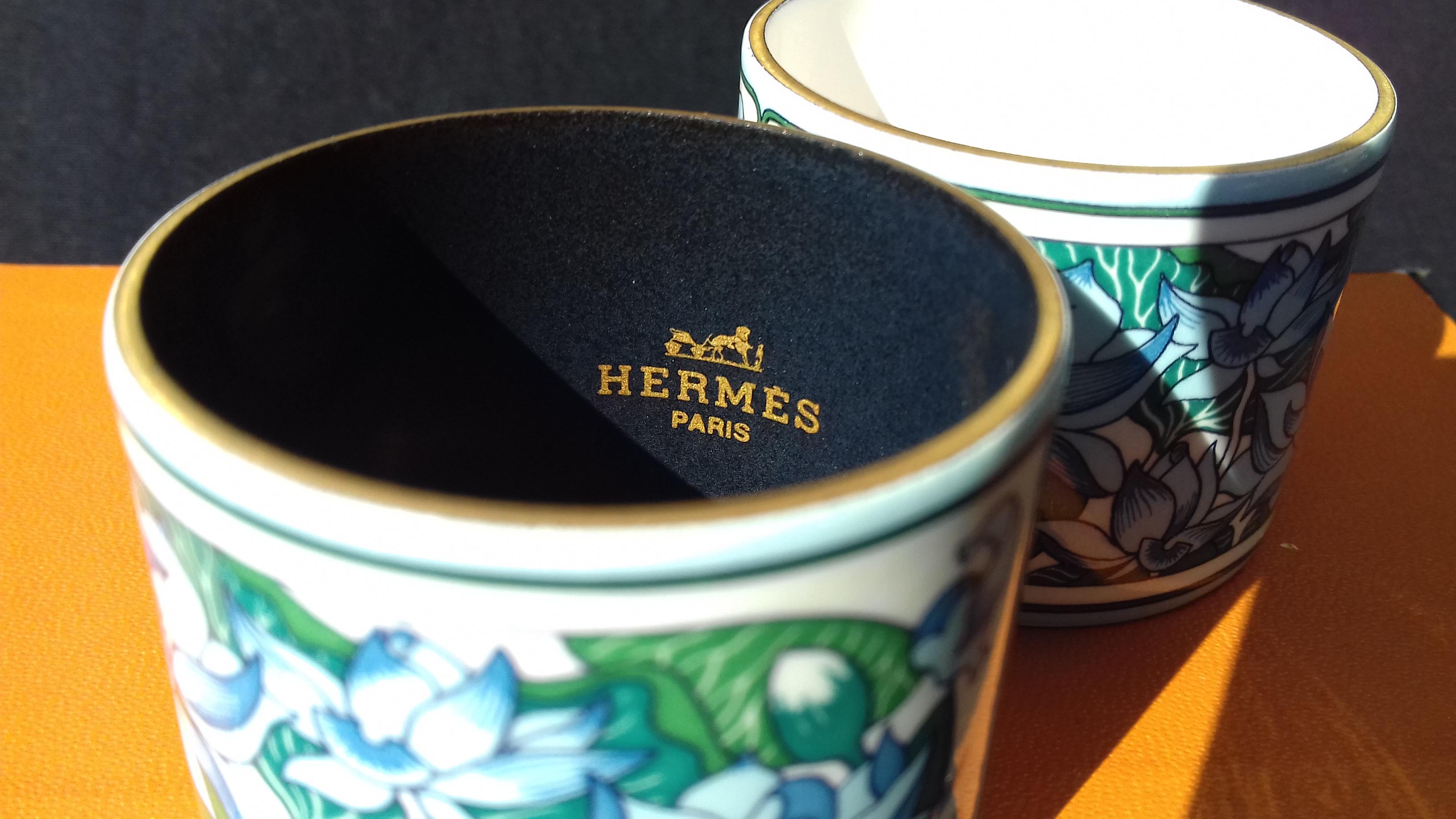 Hermès Vintage Lotus Flowers Enamel Printed Napkin Rings Holders Set of 2 3