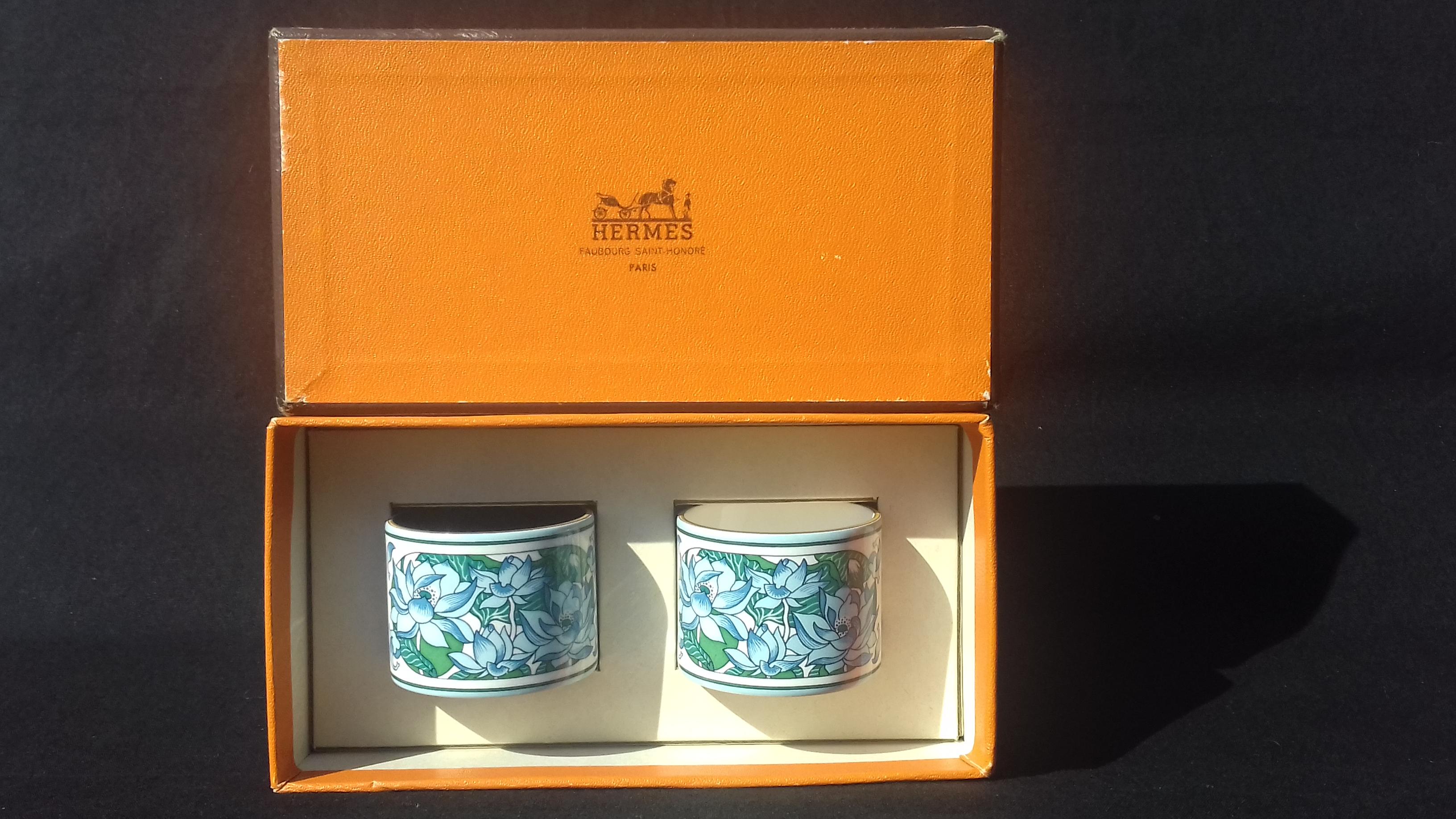 Hermès Vintage Lotus Flowers Enamel Printed Napkin Rings Holders Set of 2 7