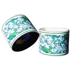 Hermès Vintage Lotus Flowers Enamel Printed Napkin Rings Holders Set of 2