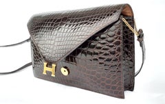Hermès Vintage Lydie Bag Purse 2 ways Shiny Brown Crocodile Golden Hdw RARE