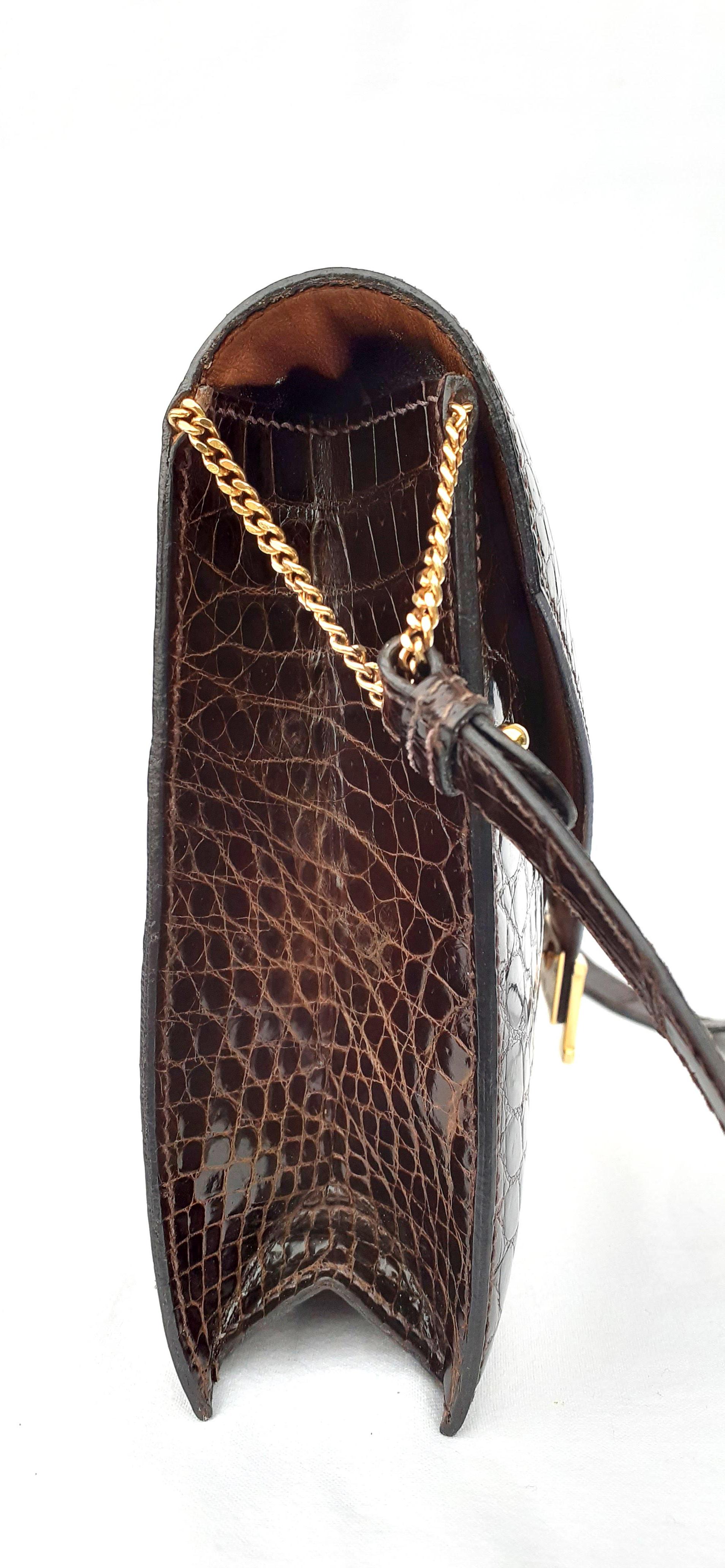 Gray Hermès Vintage Lydie Bag Purse 2 ways Shiny Brown Crocodile Golden Hdw RARE