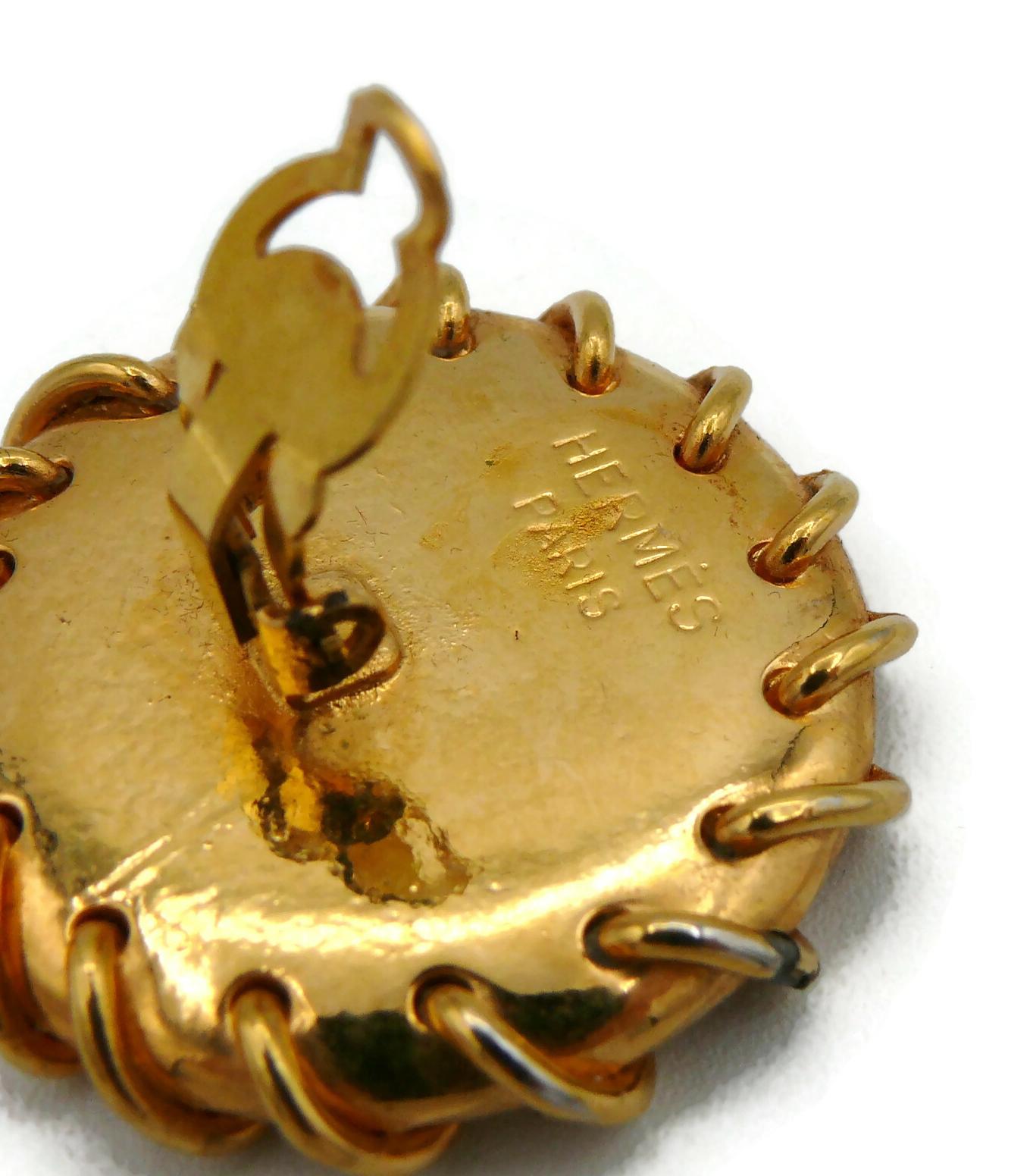 HERMES Vintage Massive Gold Tone Button Design Clip-On Earrings For Sale 6