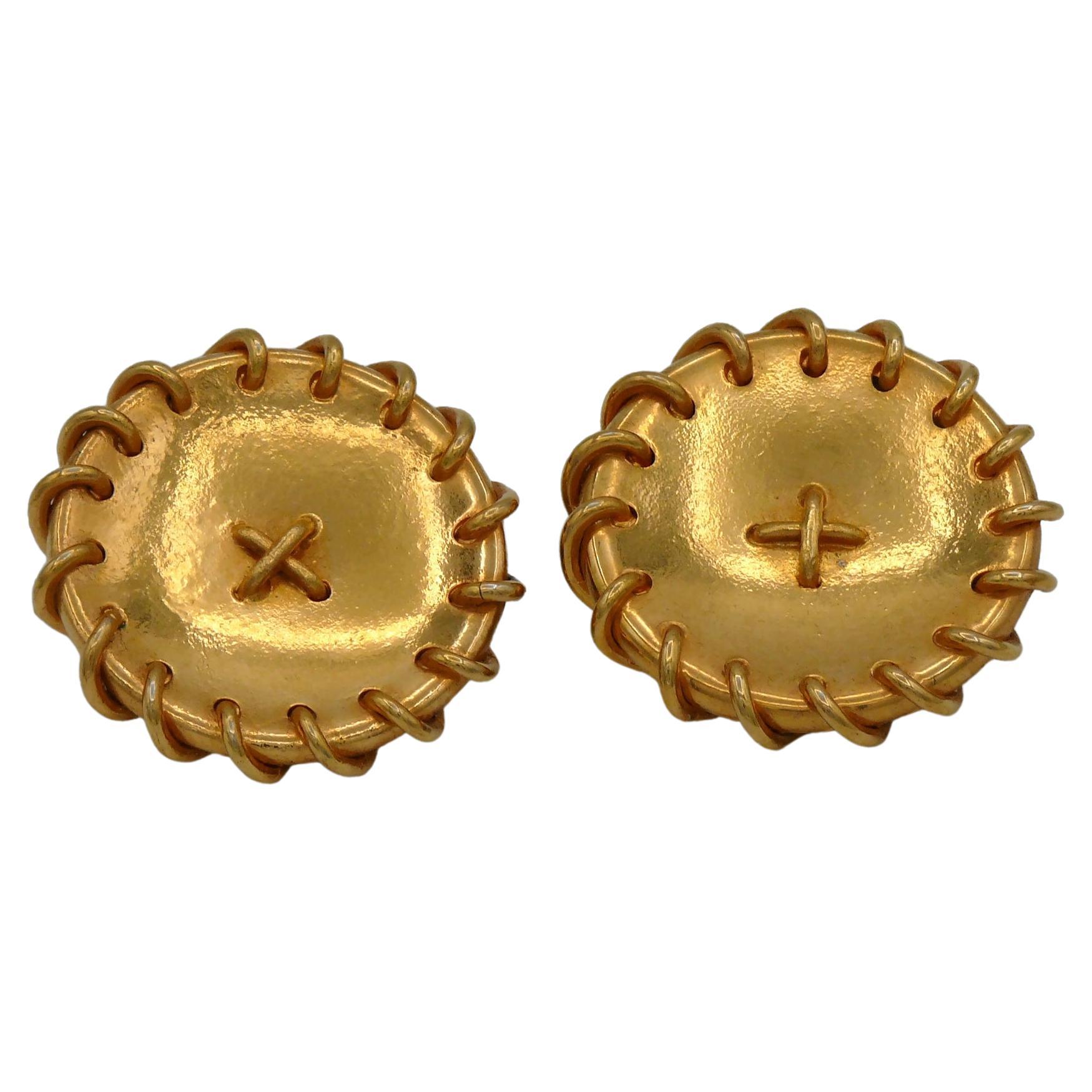 HERMES Vintage Massive Gold Tone Button Design Clip-On Earrings