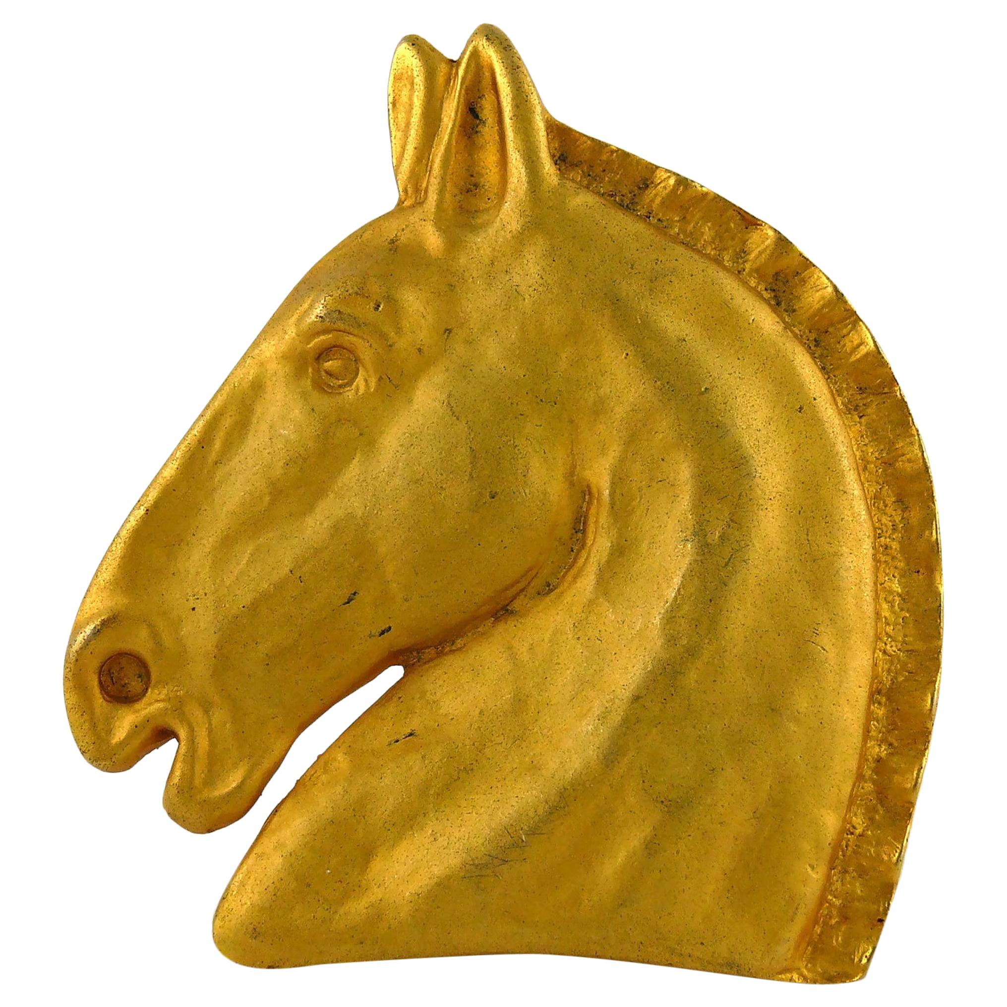 Hermes Vintage Massive Matte Gold Toned Horse Head Brooch