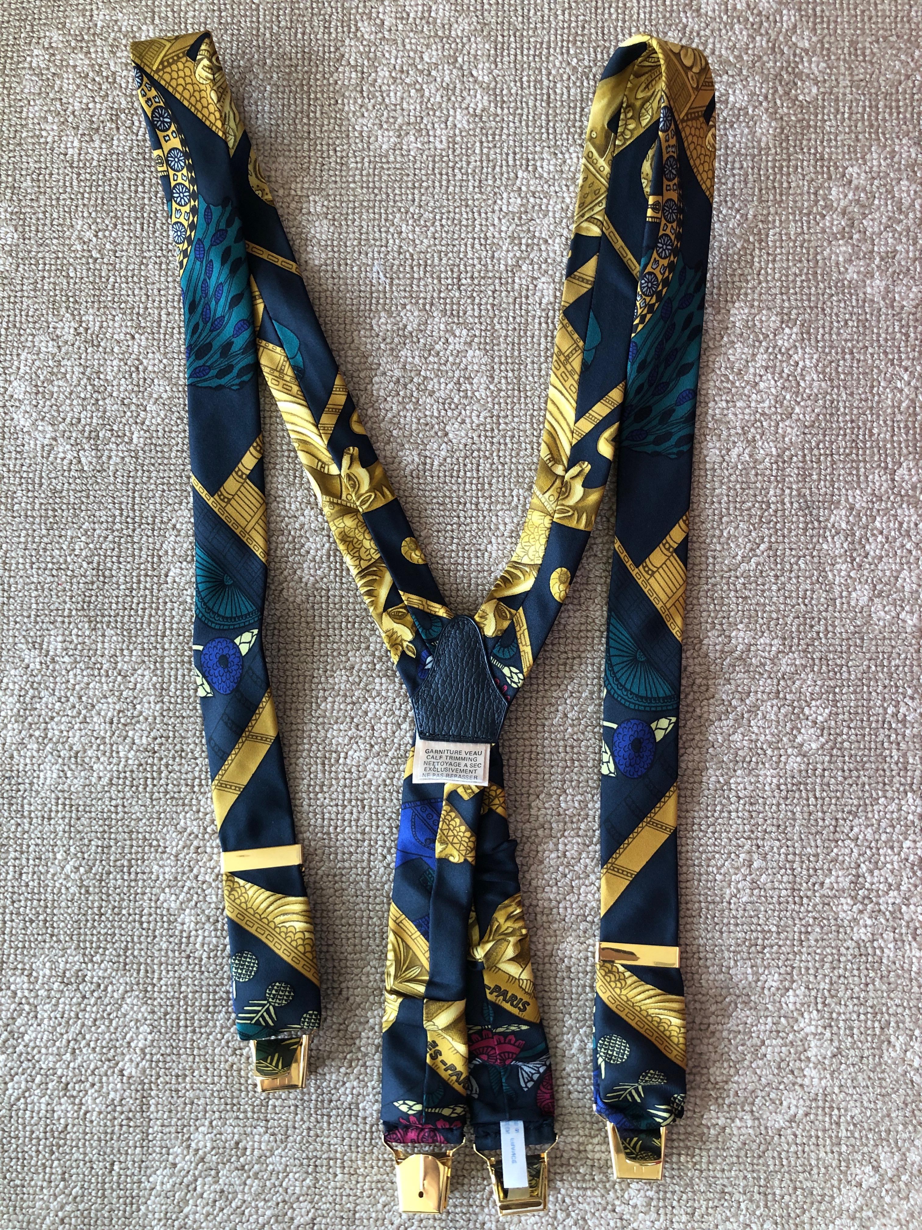 Brown Hermes Vintage Mens Silk Scarf Suspenders For Sale
