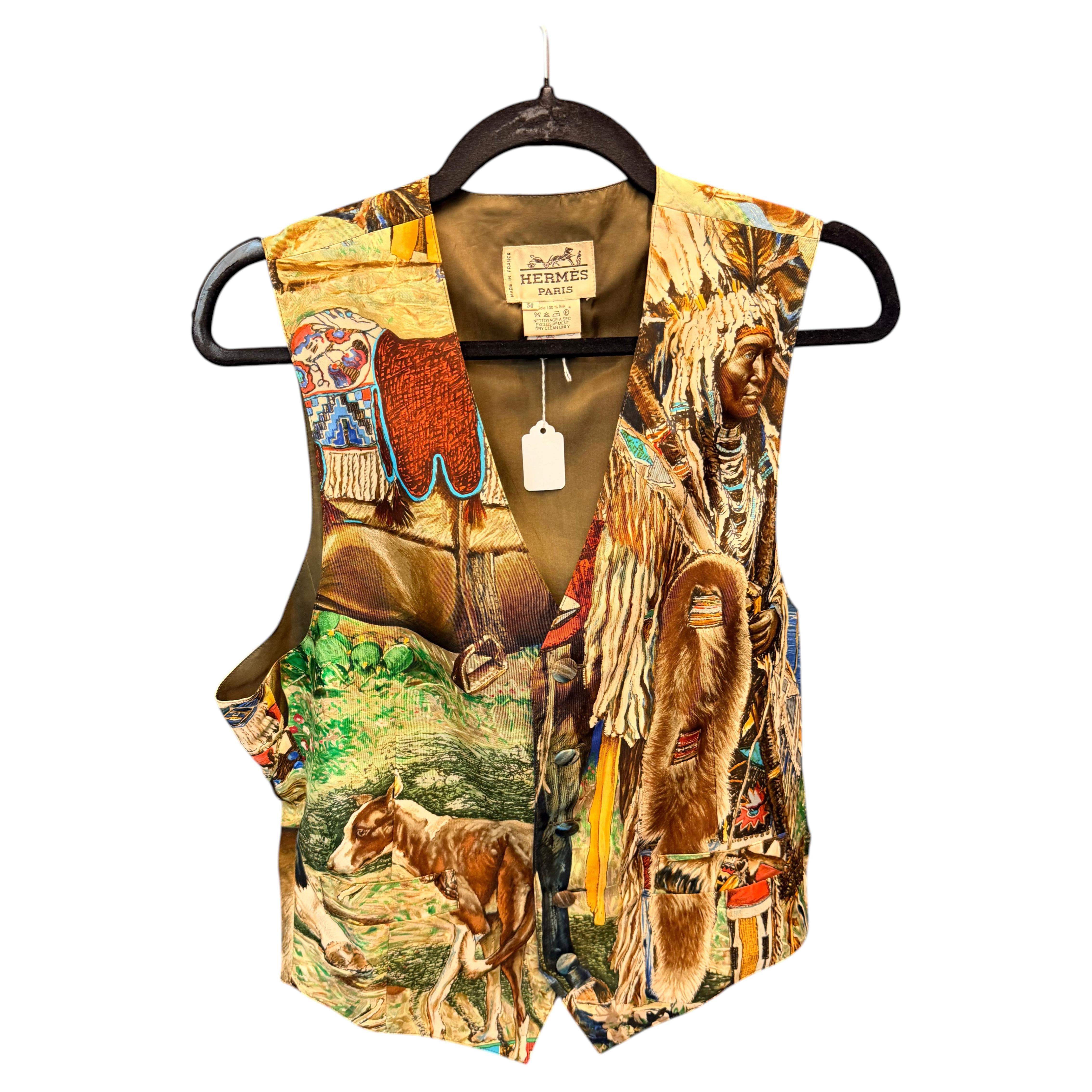 Hermès Vintage Silk Vest FR 50 Unisex Native American Scene