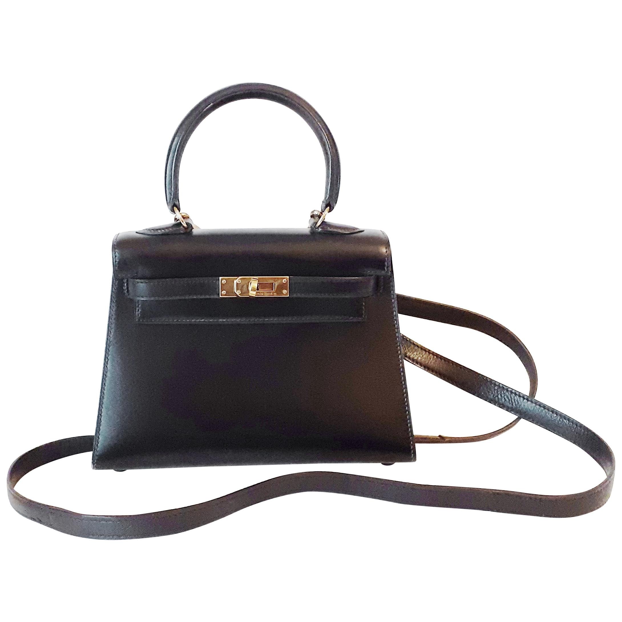 HERMES Mini Kelly 20 Shoulder Bag Box Calf Leather Black Purse 90195786